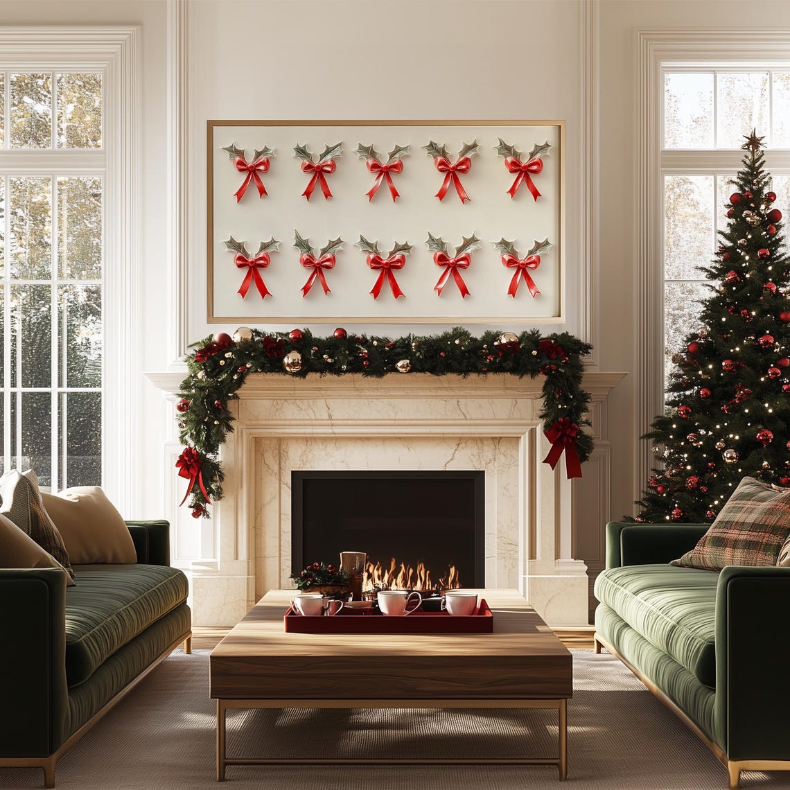 Ten Red Bows with Silver Holly on White Minimalist Christmas Wall Art - Image 5