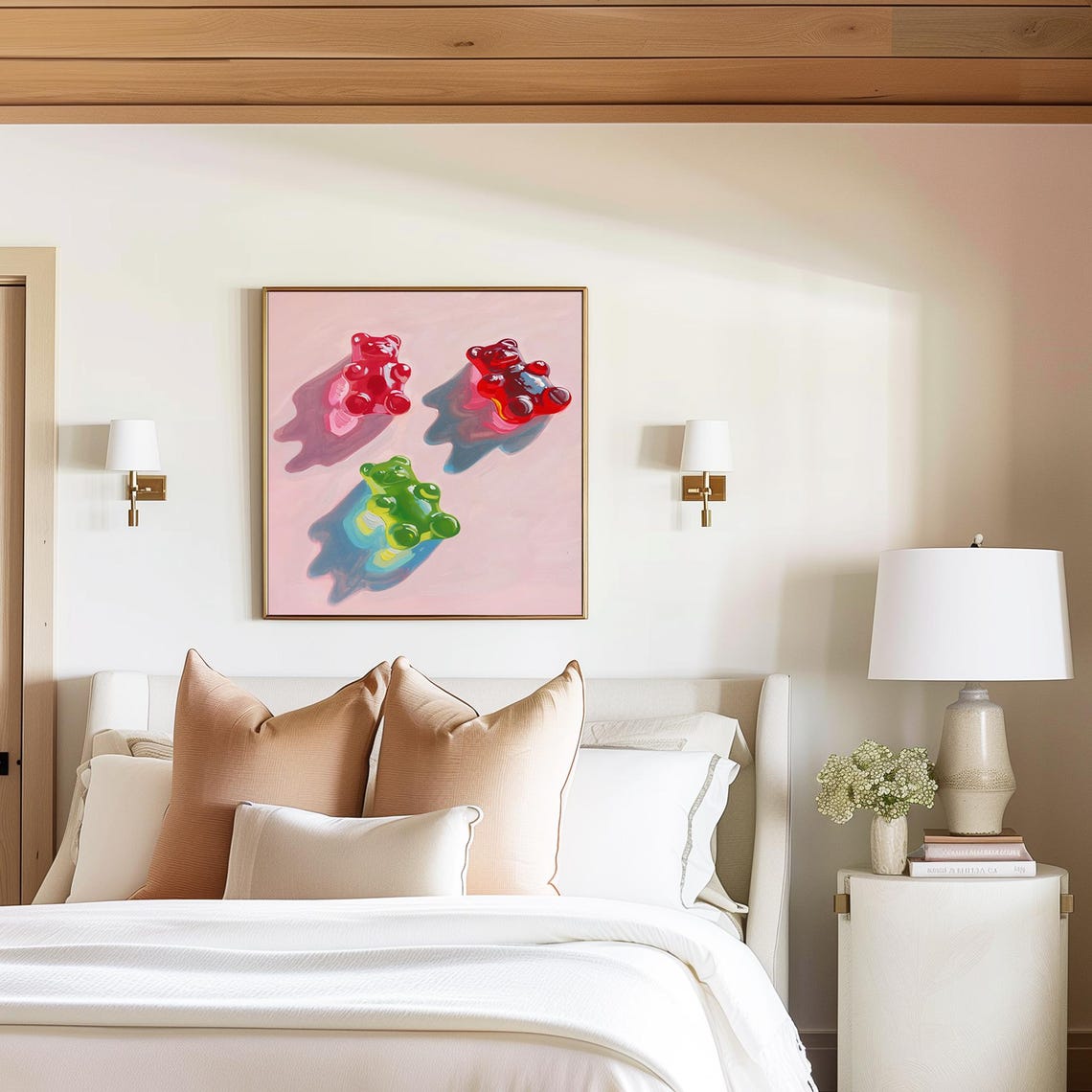 Pink 3D Gummy Bear Trio Candy Pop Art on Blush Background Wall Art - Image 3