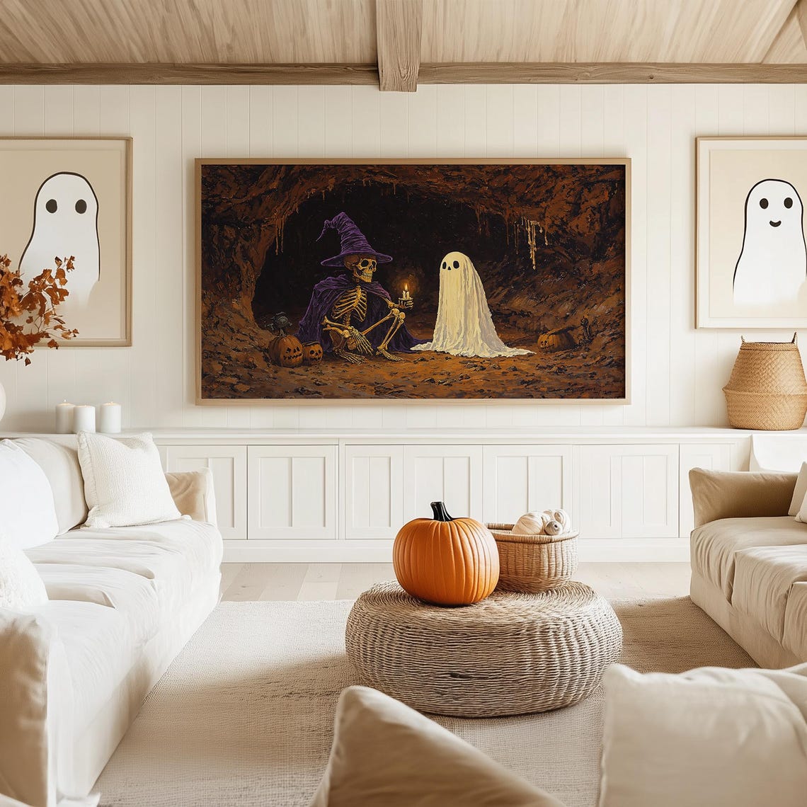 Skeleton Wizard With Purple Hat and Friendly Ghost in Cave Poster - Image 5