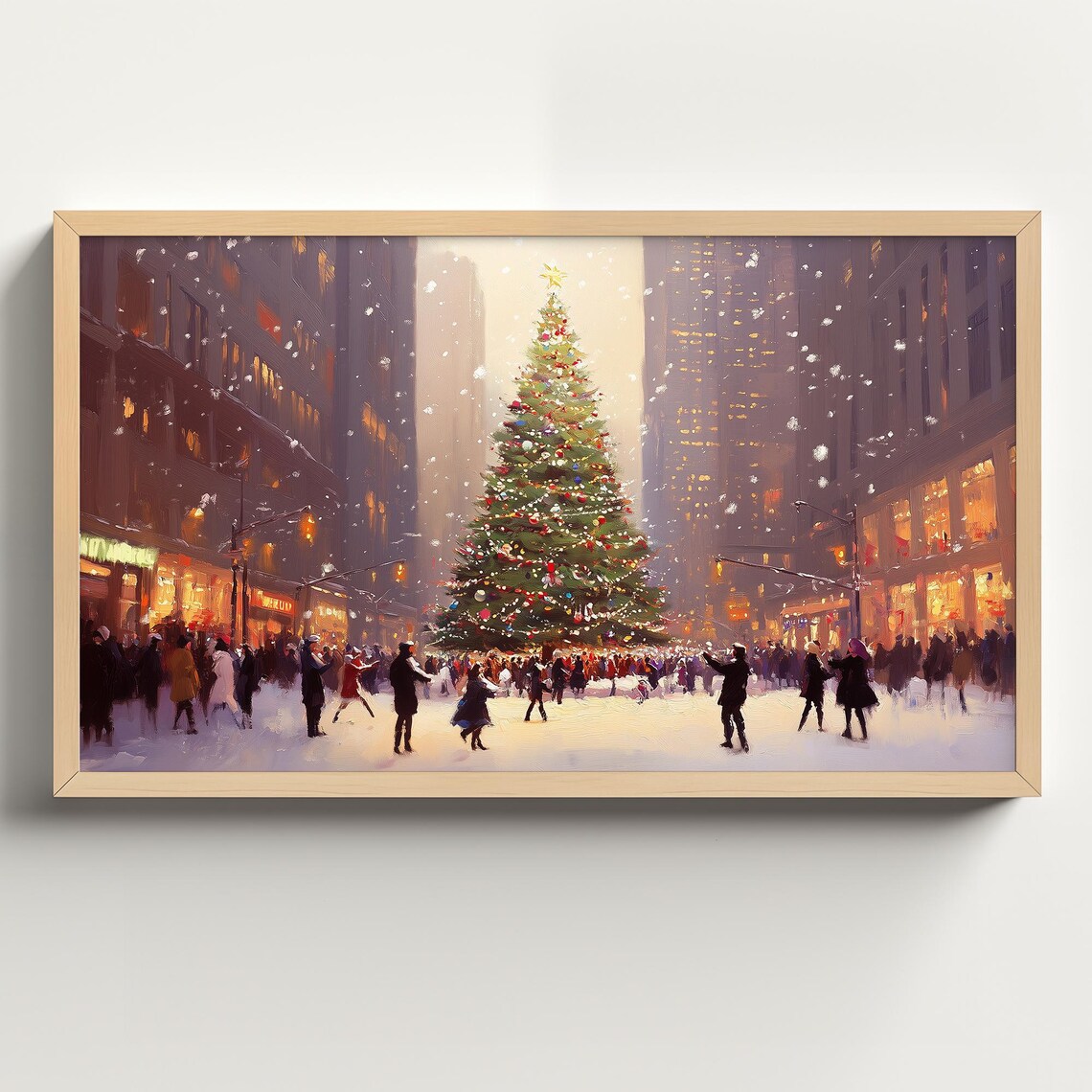 Metropolitan Christmas Tree Crowd Snowy Night Holiday Art Poster