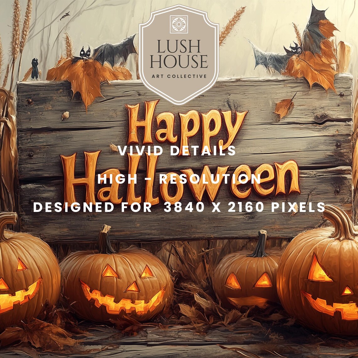 Happy Halloween Wooden Sign With Glowing Jack O Lanterns in Field Poster - Image 3