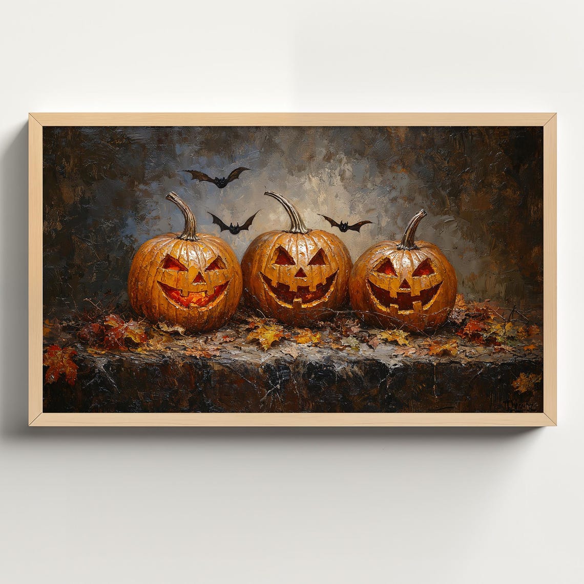 Three Grinning Jack O Lanterns With Bats Vintage Style Oil Poster