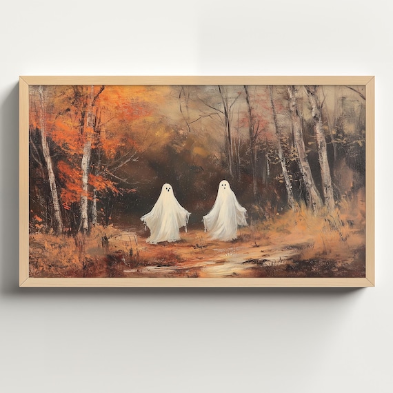 Two Ghosts Strolling Through Autumn Birch Woods Halloween Poster