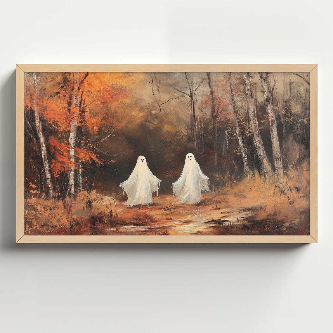 Two Ghosts Strolling Through Autumn Birch Woods Halloween Poster