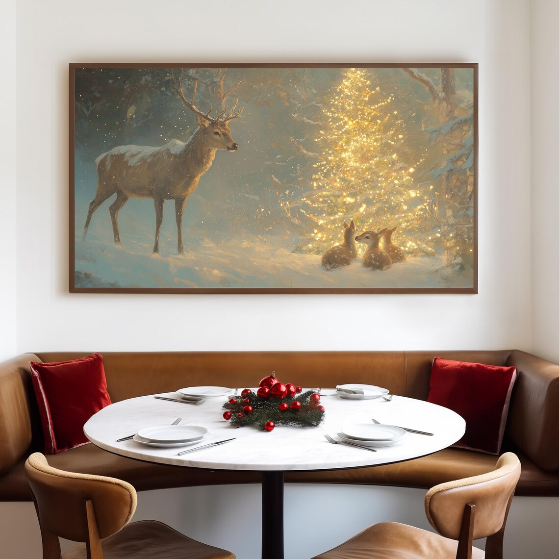 Deer and Fawns Gazing at a Glowing Christmas Tree in Snow Poster - Image 4