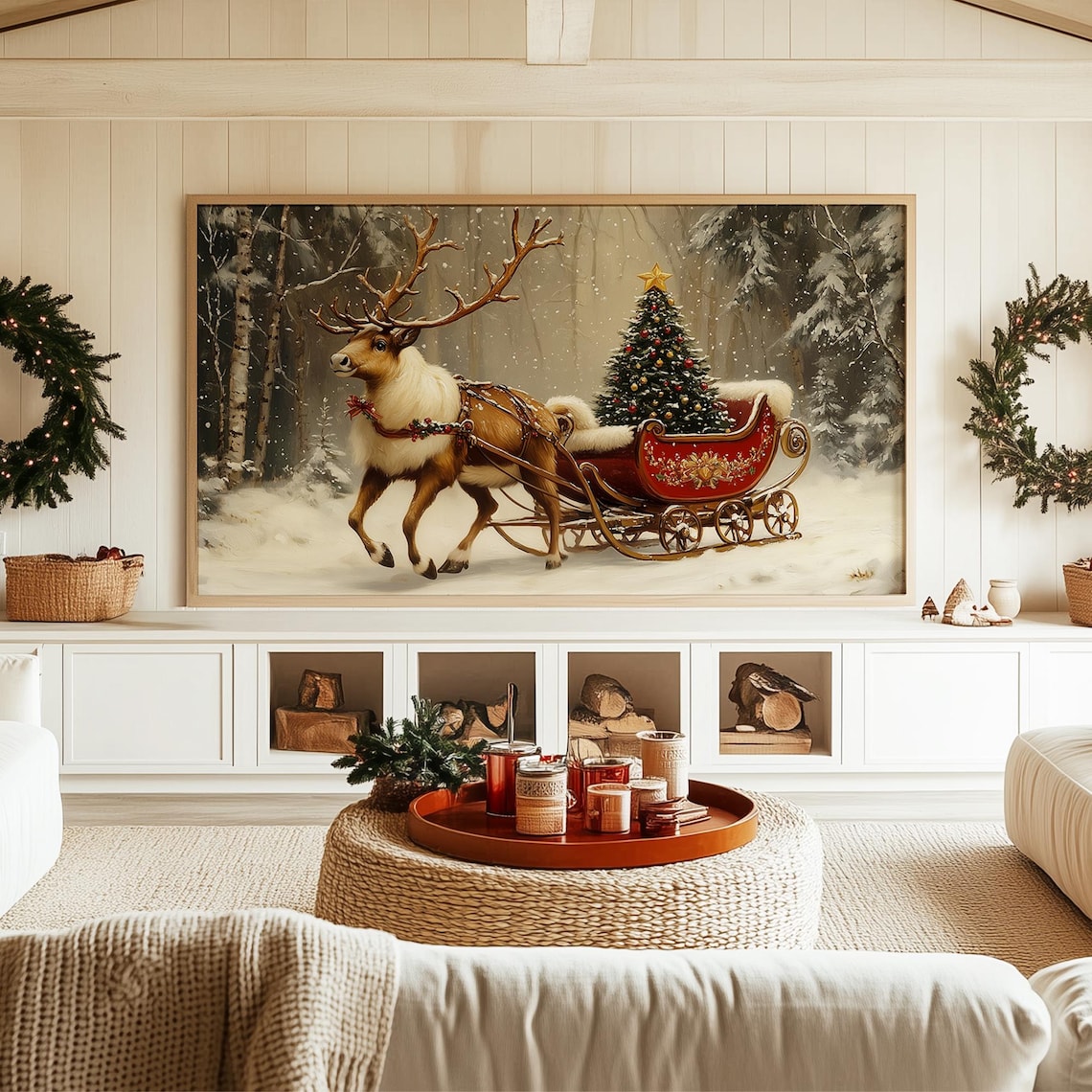 Reindeer Sleigh Christmas Tree Ornaments, Vintage Art Print - Image 3