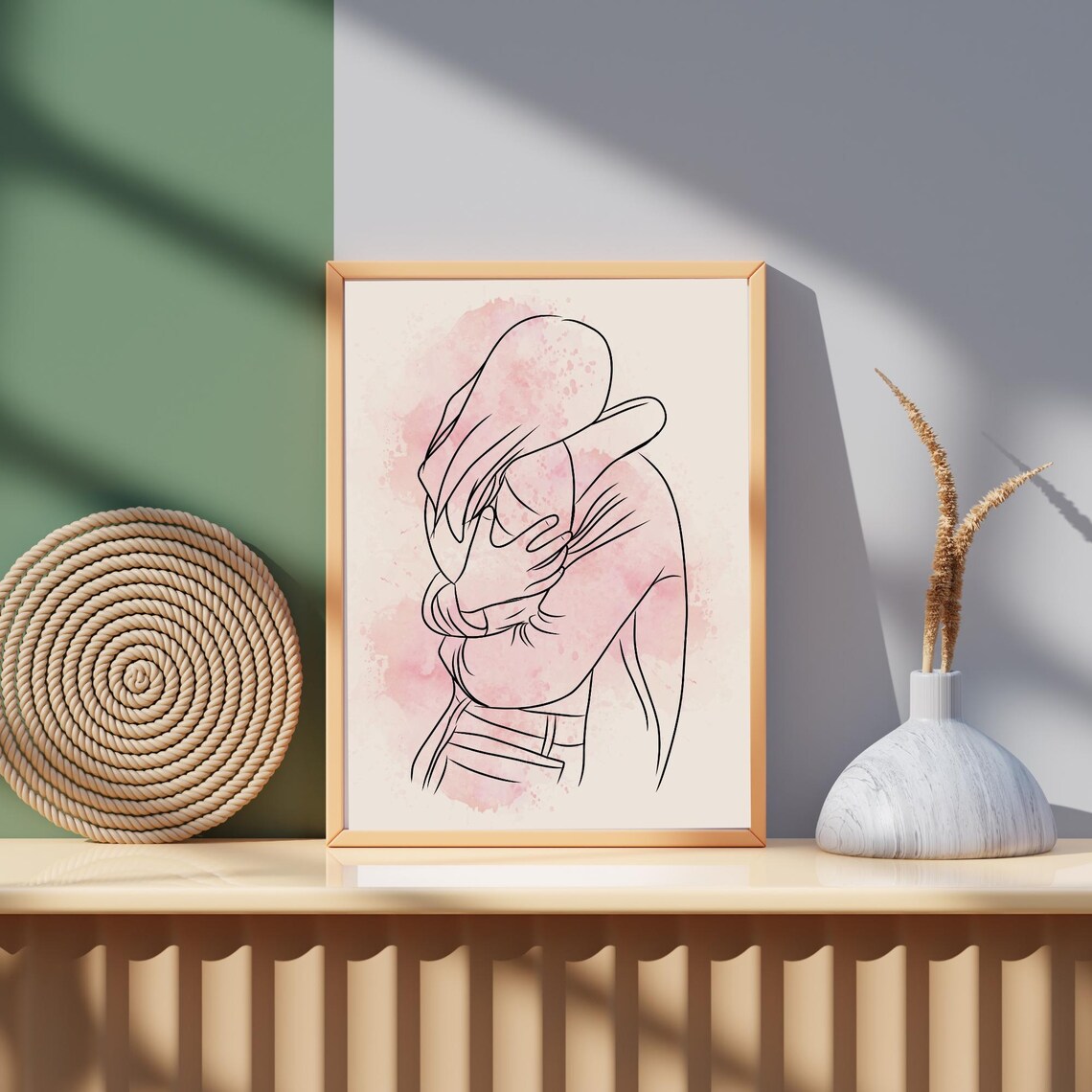 Romantic Couple One Line Kiss Pink Watercolor Modern Art Print - Image 4