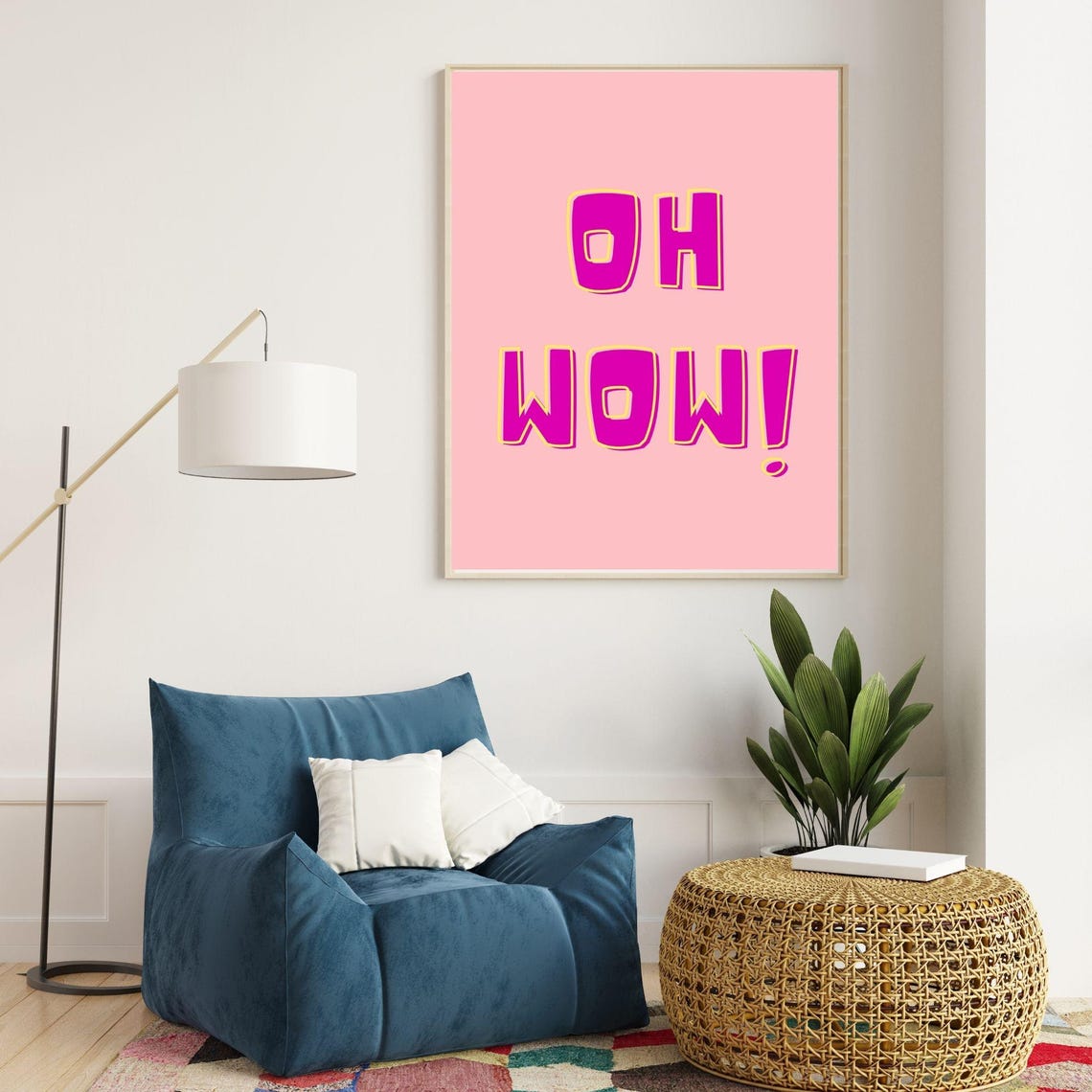 Oh Wow Retro Bubble Letter Positive Pink Pop Art Quote Wall Poster - Image 2