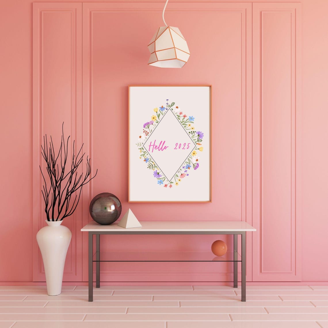 Hello 2025 Pink Script Floral Diamond Frame New Year Wall Art Poster - Image 7