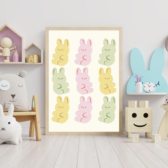 Cute Pastel Bunny Rabbits Grid Colorful Kids Room Nursery Wall Art Poster