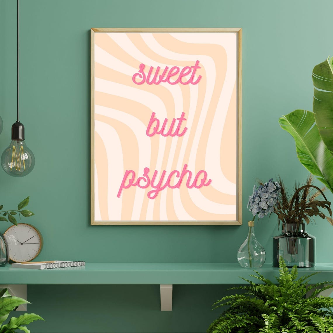 Sweet But Psycho Pink Retro Script Wavy Stripes Quote Wall Poster - Image 5