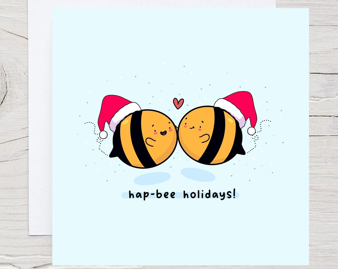 Hap-Bee Holidays Kawaii Bumble Bee Christmas Card Style Poster