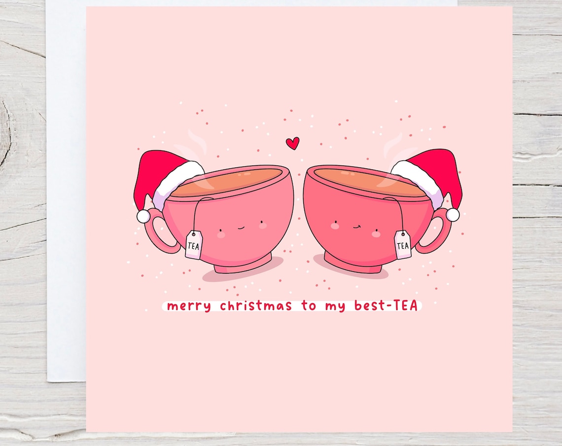 Kawaii Pink Teacup Christmas Pun Poster with Best Tea Santa Hats