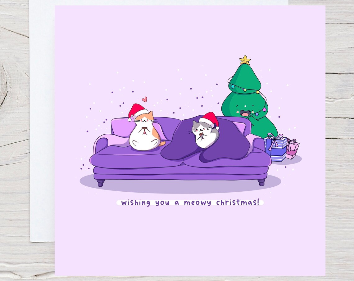 Wishing You a Meowy Christmas Two Cute Cat Holiday Card Poster