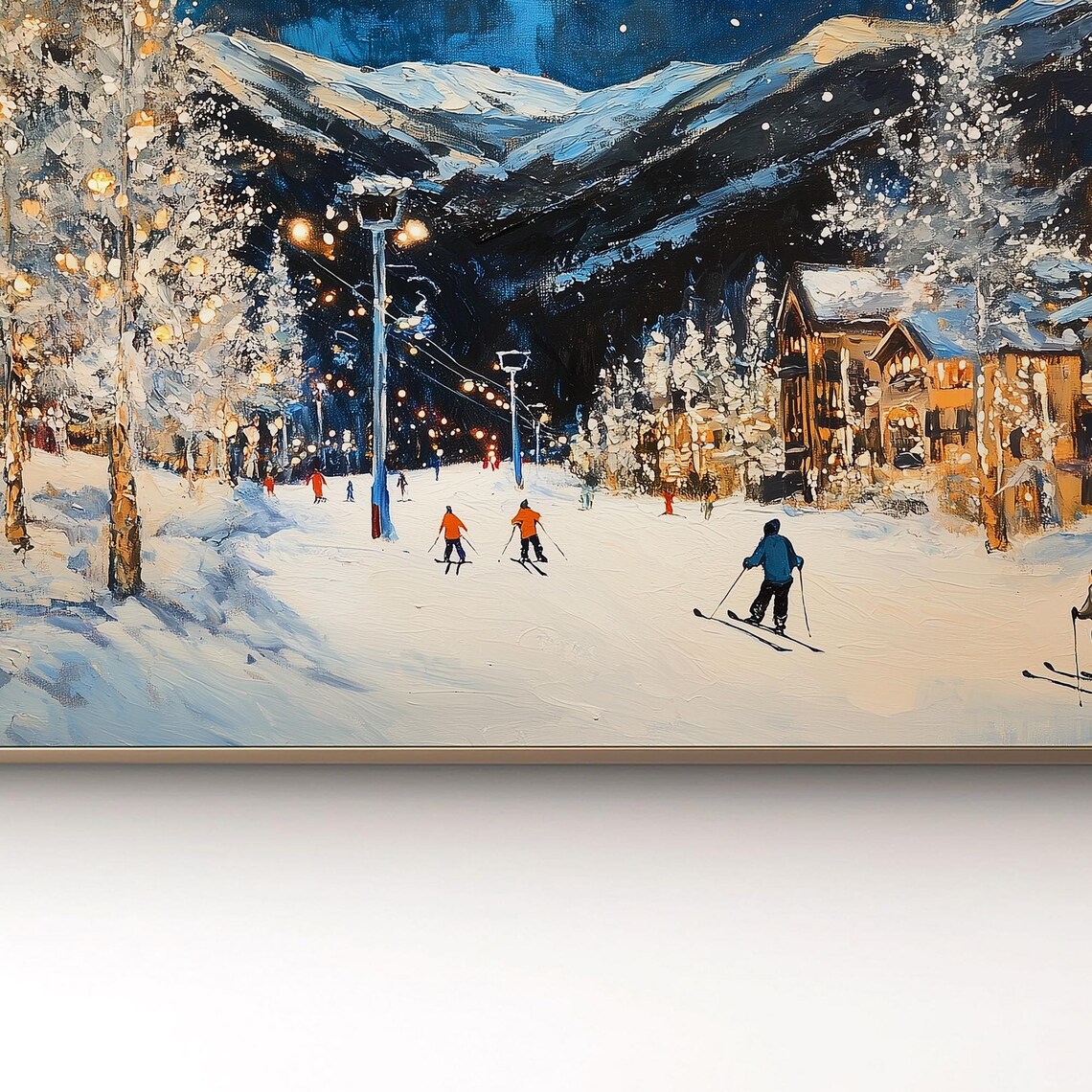 Ski Resort Night Skiers Snowy Mountain Village Twinkling Lights Poster - Image 3