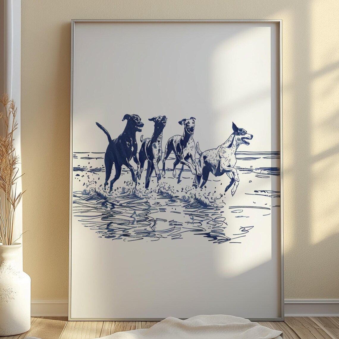 Beach Greyhounds Running, Coastal Sketch Art Print