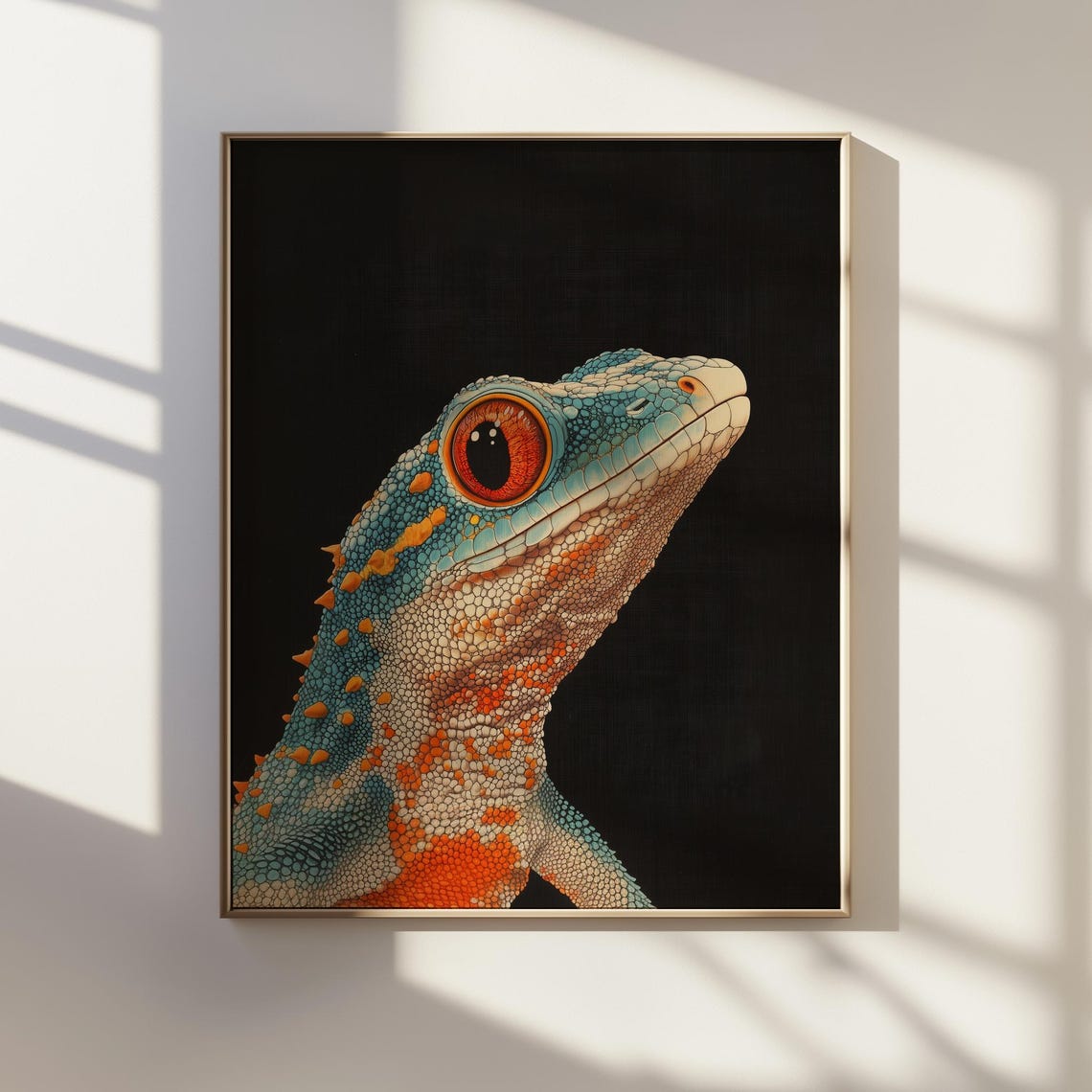 Tokay Gecko Portrait Black Background Japanese Ink Animal Poster