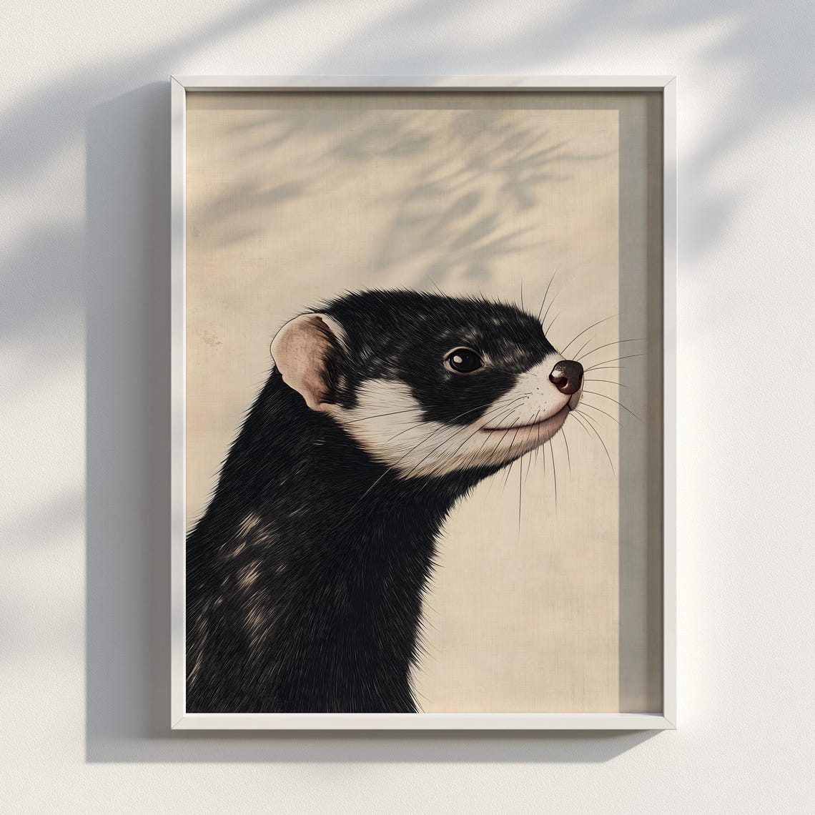 Black Ferret Side Profile Looking Up Japanese Ink Animal Poster