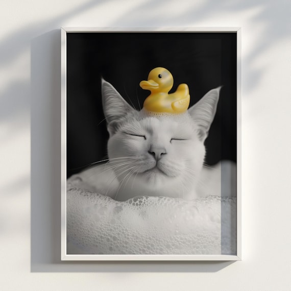 White Oriental Shorthair Cat in a Bubble Bath with Rubber Duck Poster