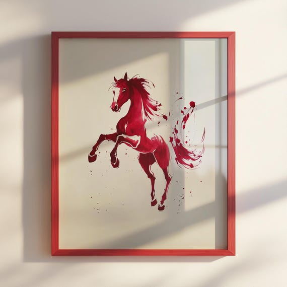 Red Ink Sumie Horse Painting Dynamic Chinese Zodiac Minimalist Japanese Art Brush Artwork Galloping Wall Decor