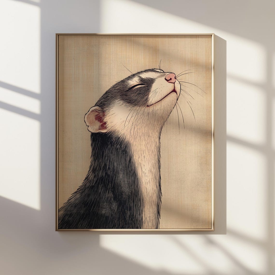 Smiling Ferret Portrait Japanese Ink Art Playful Style Poster