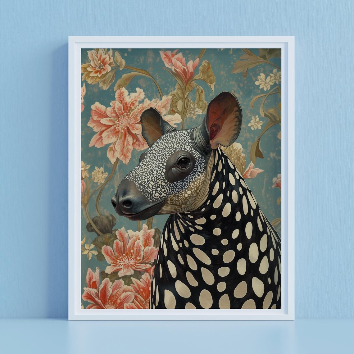 Spotted Tapir Portrait Floral Teal Jungle Flower Animal Art Poster - Image 2