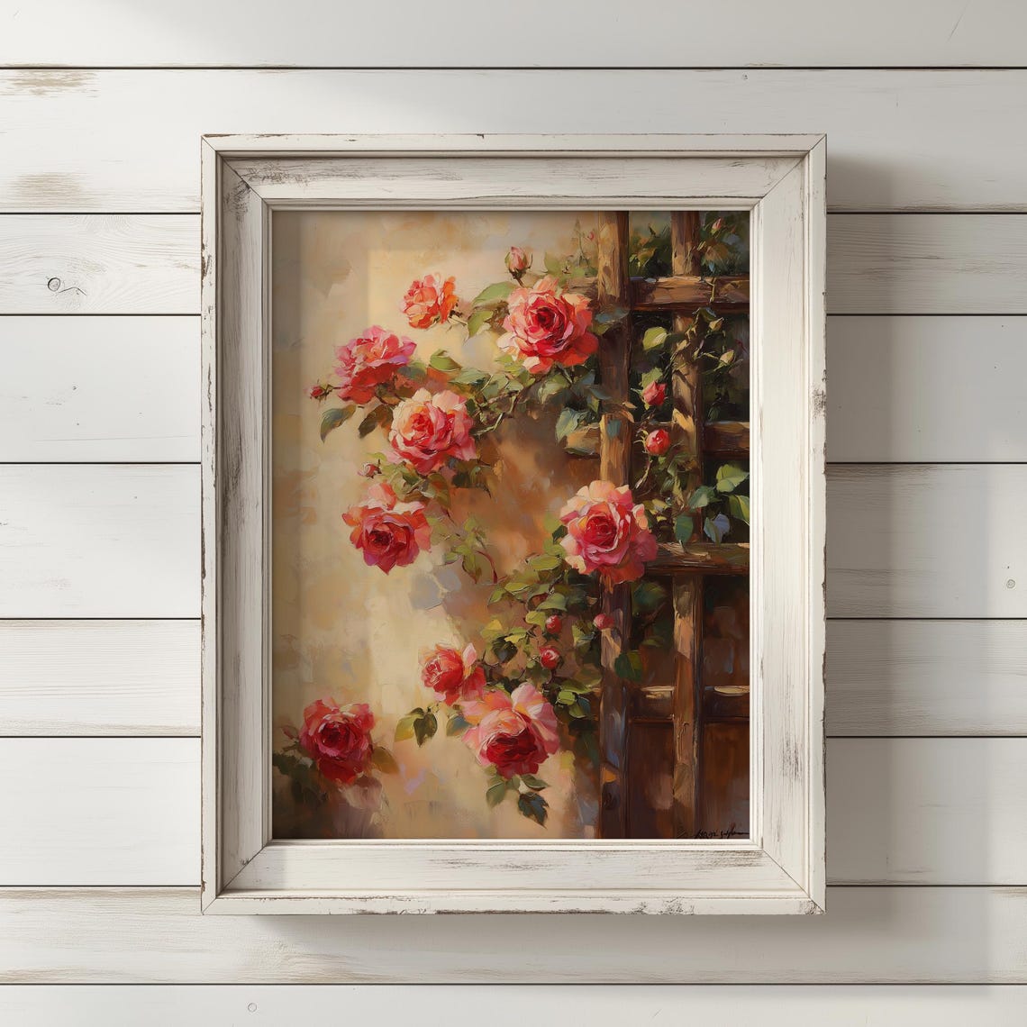 Climbing Roses Trellis Coral Pink Romantic Garden Art Poster