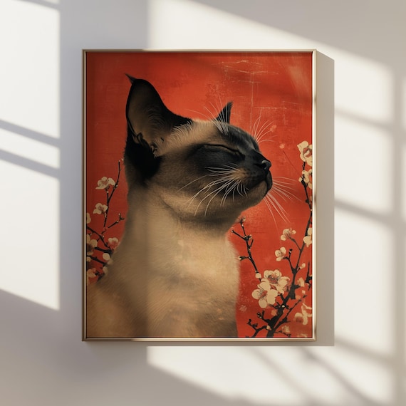 Japanese Siamese Cat Portrait Red Background Blossom Branches Poster