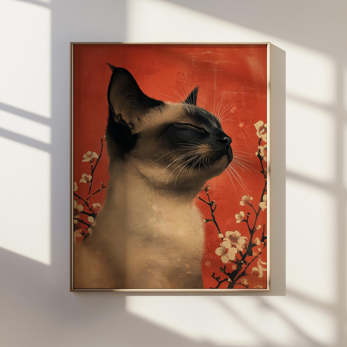 Japanese Siamese Cat Portrait Red Background Blossom Branches Poster