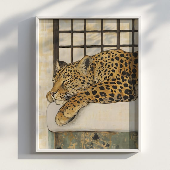 Sleeping Leopard on White Couch Japanese Ink Animal Art Poster