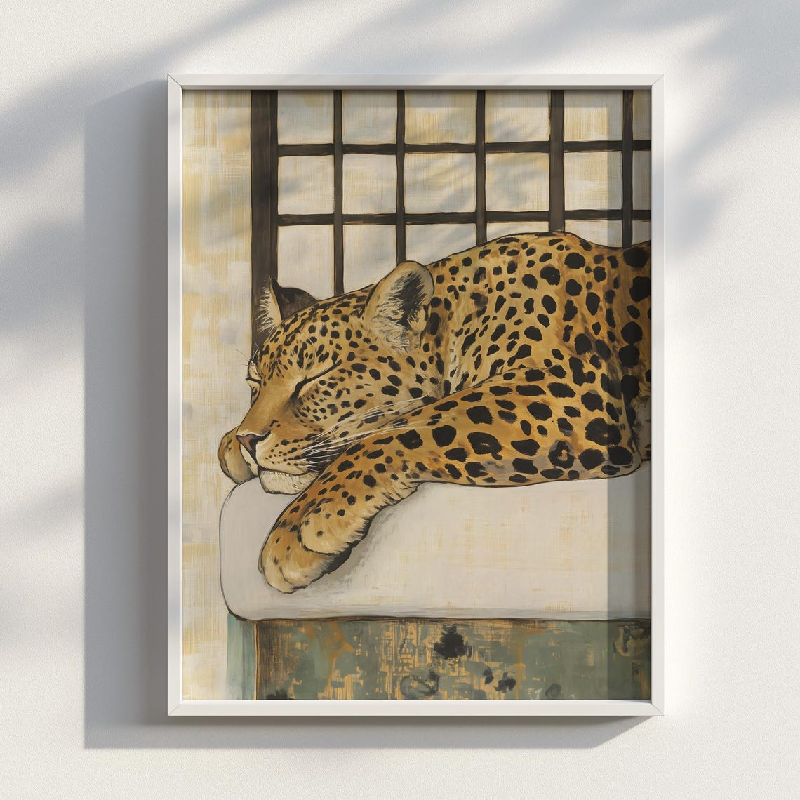 Sleeping Leopard on White Couch Japanese Ink Animal Art Poster