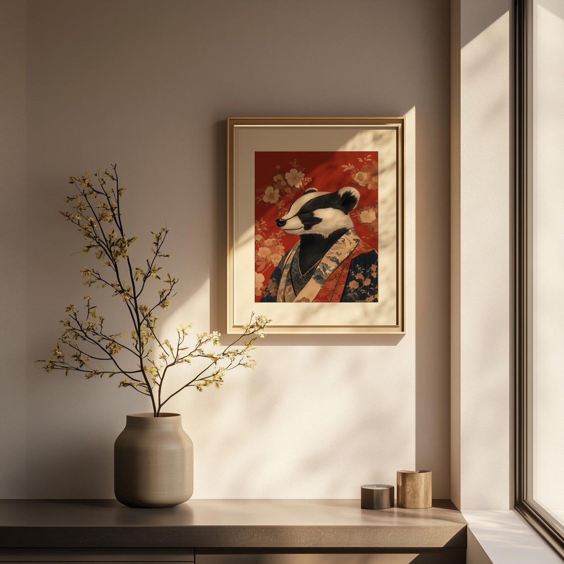 Badger in Kimono Japanese Floral Red Portrait Funny Art Poster - Image 3