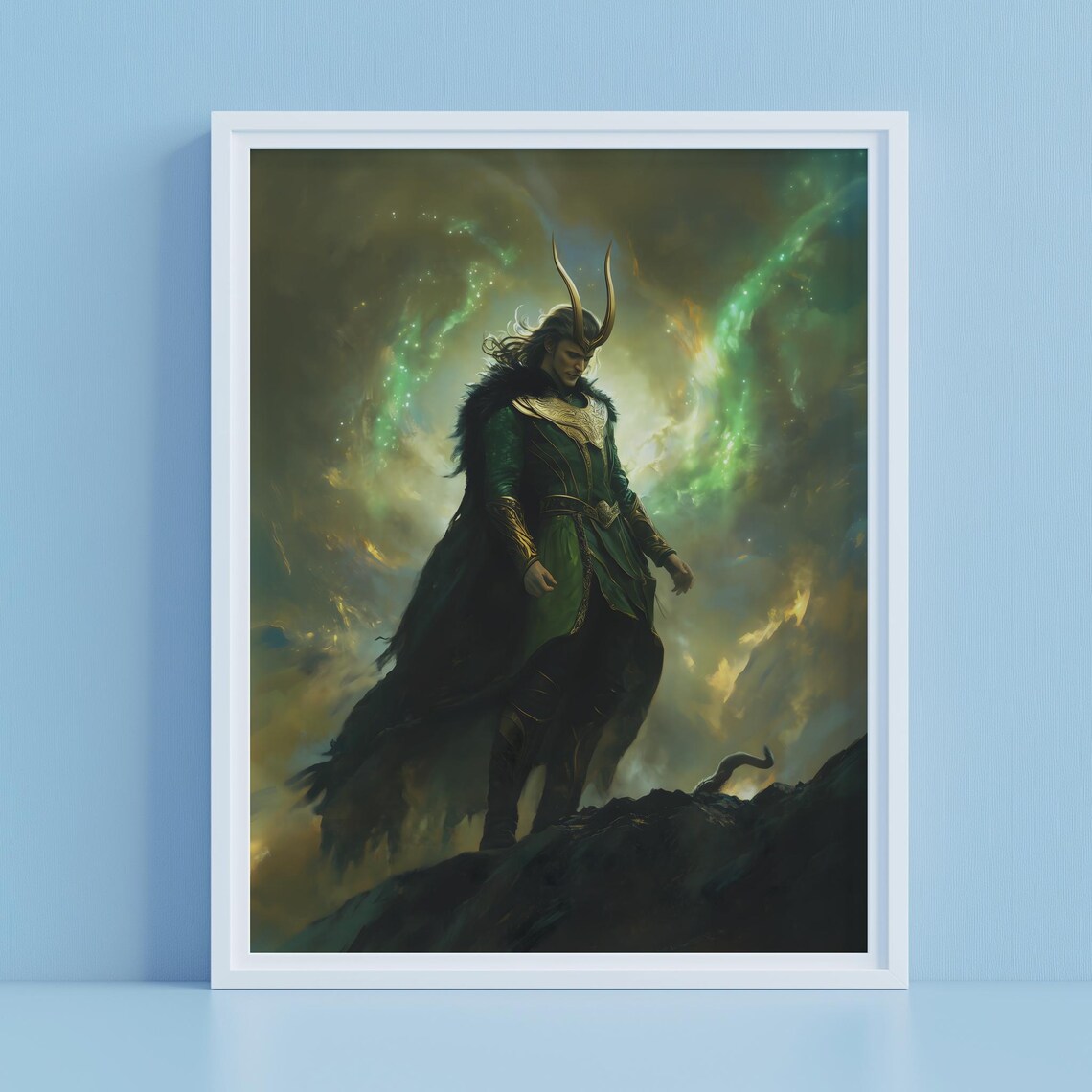 Loki God of Mischief Horned Green Cloak Baroque Fantasy Poster - Image 2
