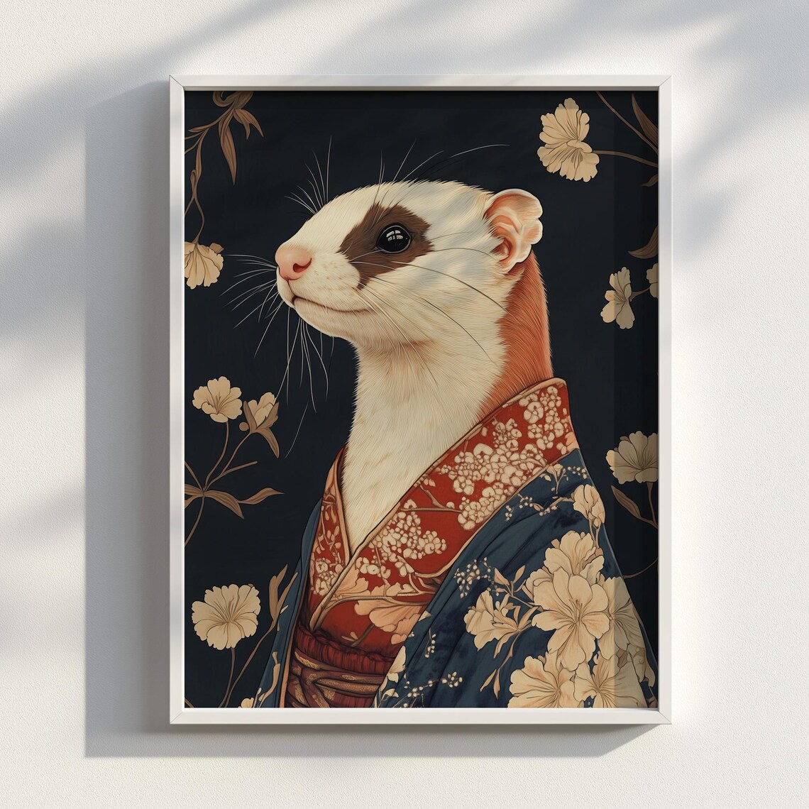 Ferret in Kimono Japanese Floral Dark Portrait Funny Art Poster