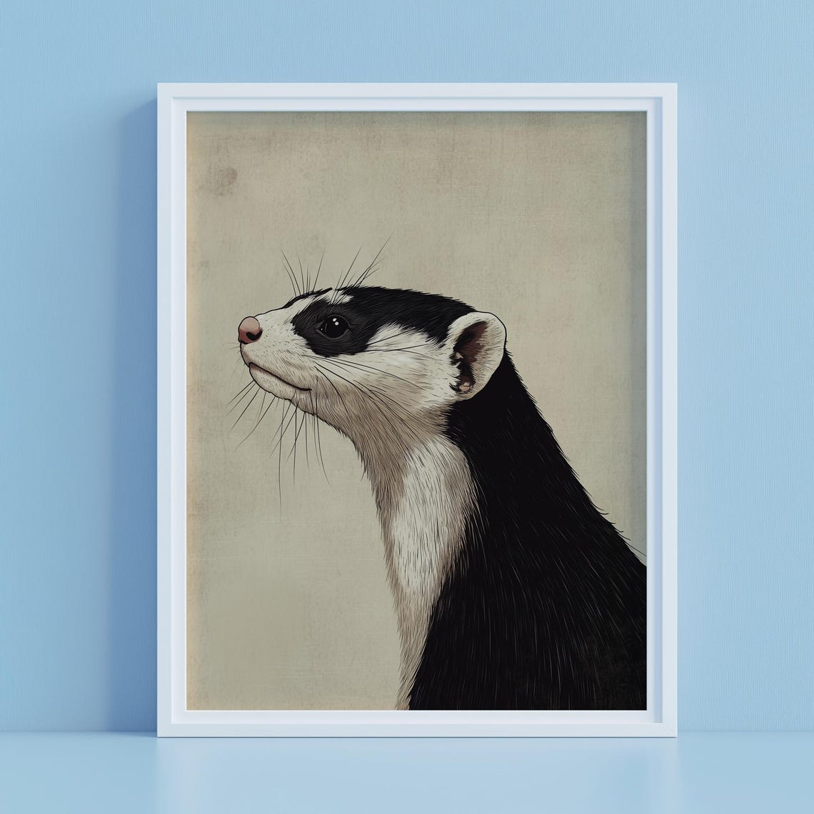 Black and White Ferret Profile Ukiyoe Japanese Ink Art Poster - Image 2
