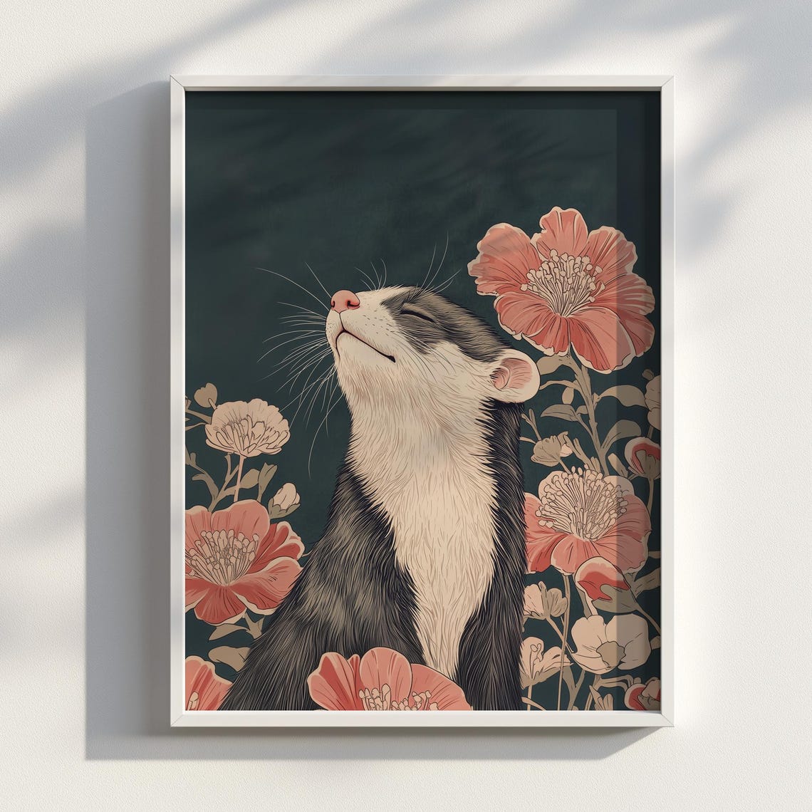 Smiling Ferret Among Pink Blossoms Ukiyoe Floral Ink Art Poster