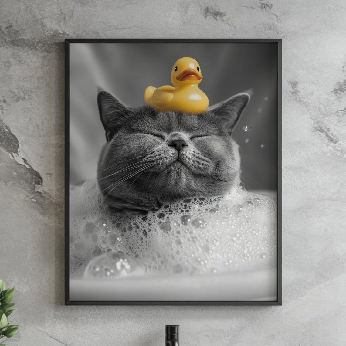 British Shorthair Cat Bath Print Funny Kitten Wall Art Relaxing Bubble Poster Rubber Duck Bathroom Decor Whimsical Pet