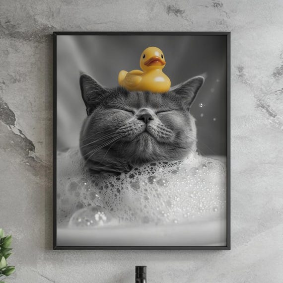 British Shorthair Cat Bath Print Funny Kitten Wall Art Relaxing Bubble Poster Rubber Duck Bathroom Decor Whimsical Pet