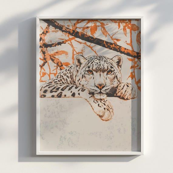 Amberclimb Orange Lithograph Of A Snow Leopard Vintage Minimal Wildlife Art Print Bold Big Cat Wall Decor