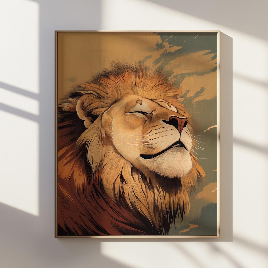 Smiling Lion Portrait Ukiyoe Style Art Relaxed Wall Animal Lovers Decor Peaceful Print Natureinspired