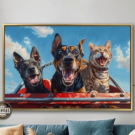 Two Happy Dogs And Cat Riding In Red Convertible Fun Animal Wall Poster