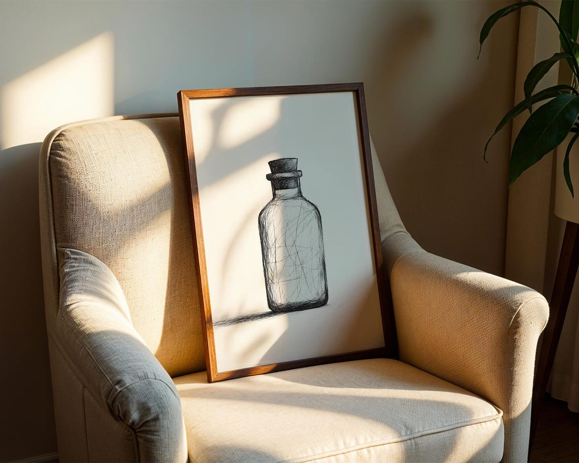 Empty Glass Bottle Cork Stopper Black Ink Sketch Minimalist Art Poster - Image 2