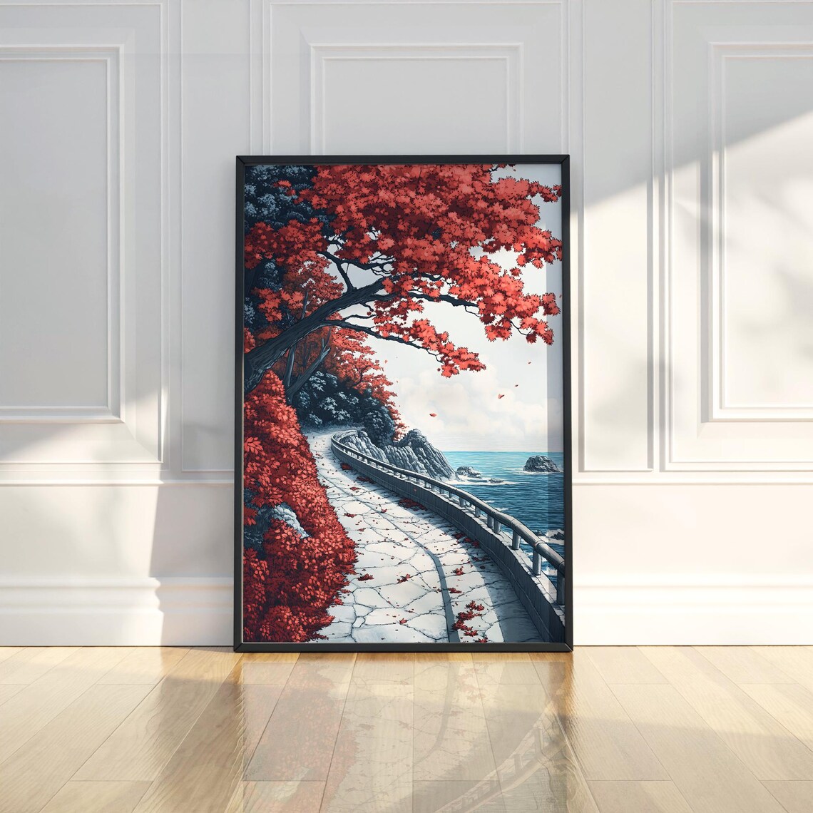 Red Maple Trees Along Coastal Road Art Poster in Japanese Style