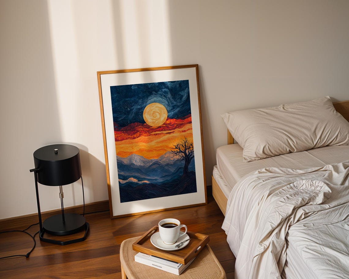 Golden Sun Mountain Night Swirling Blue Impasto Landscape Art Poster - Image 2