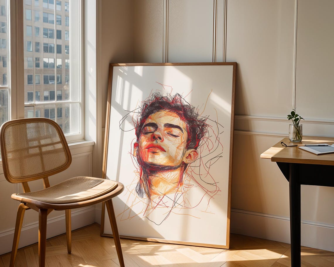 Abstract Male Portrait Colorful Line Art Contemporary Drawing Poster - Image 2