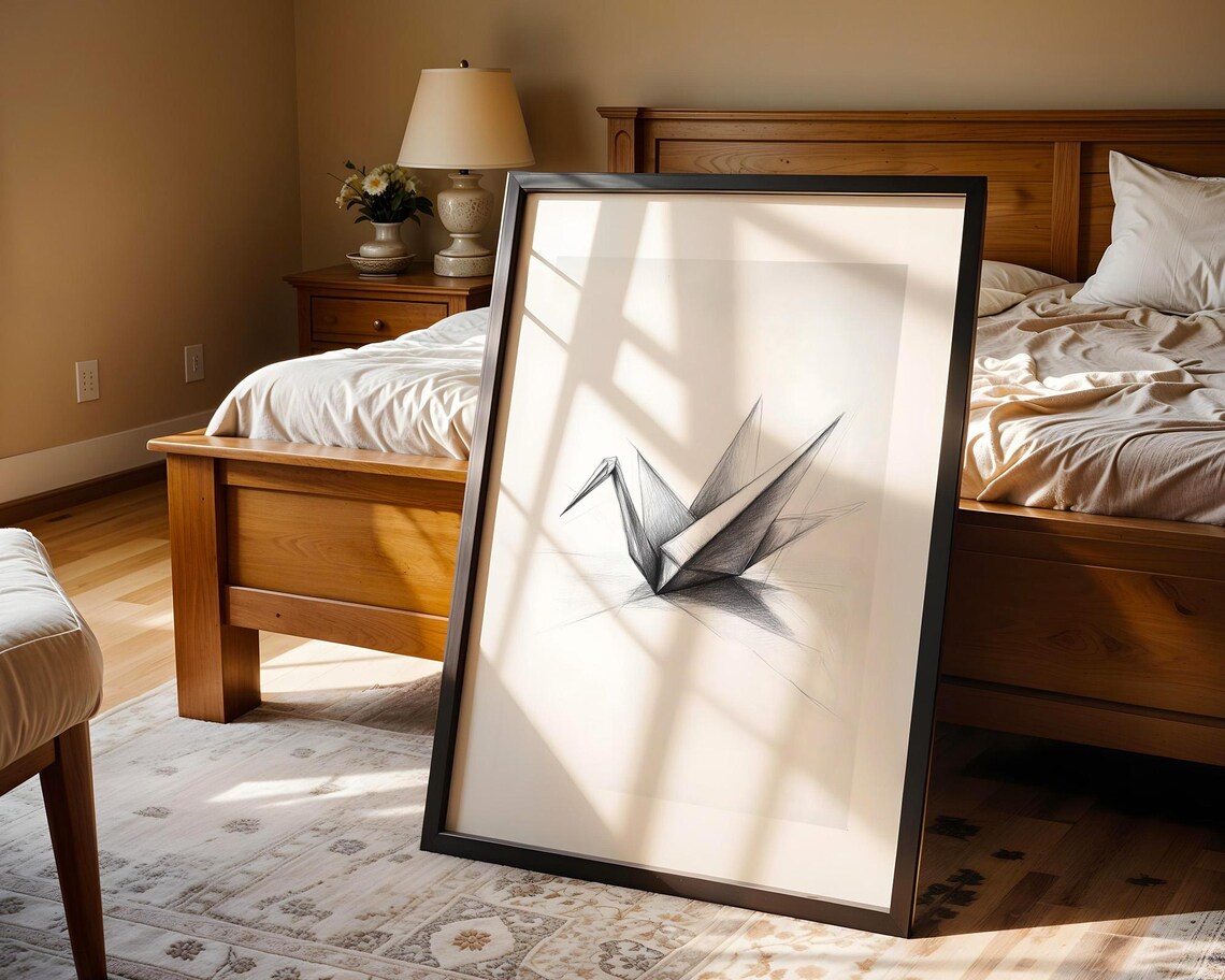 Delicate Origami Paper Crane Pencil Sketch Minimalist Art Poster - Image 5