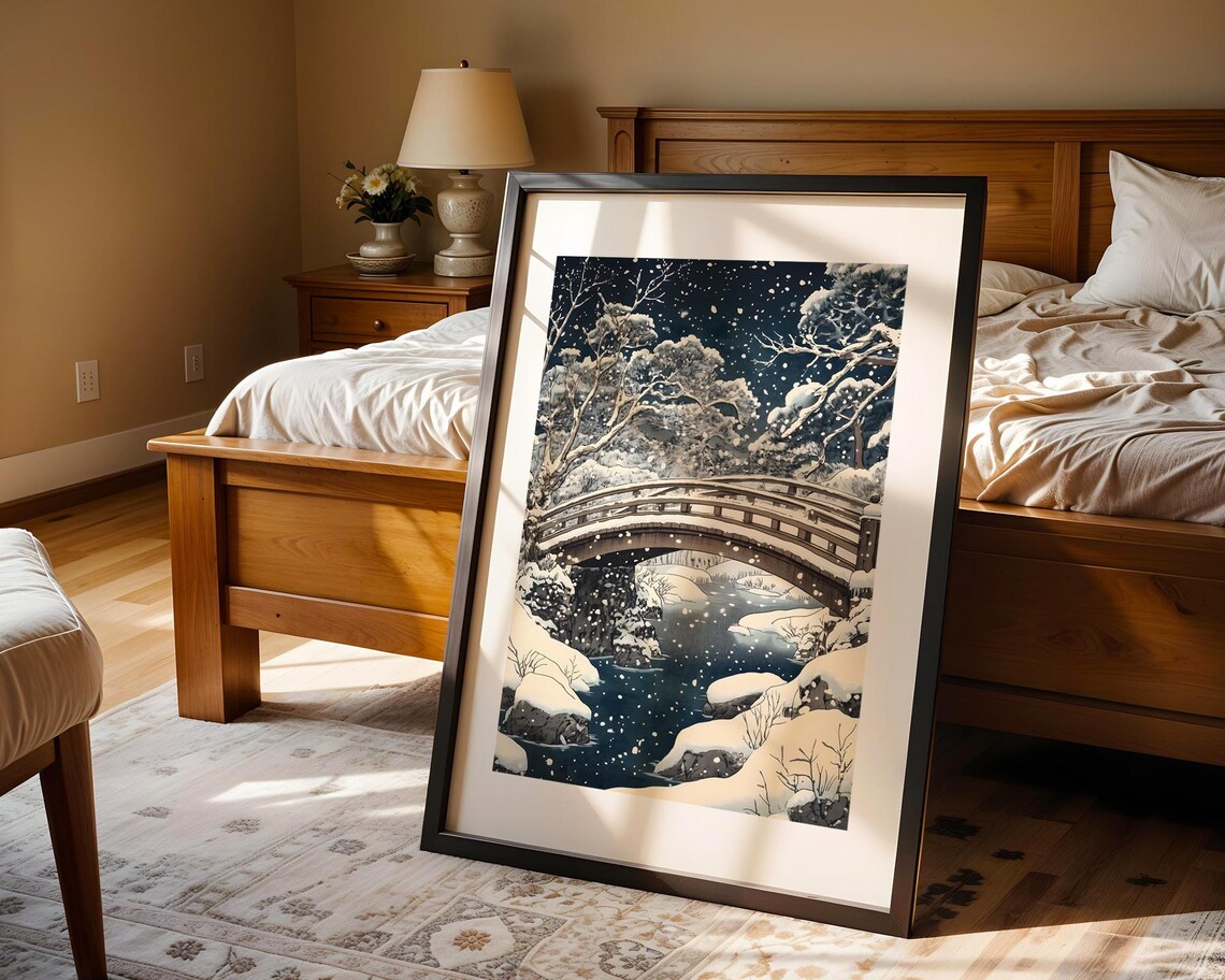 Serene Japanese Snowy Night Bridge Winter Landscape Art Print - Image 5