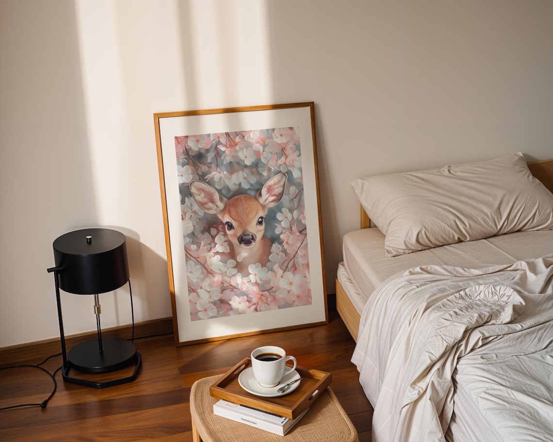 Cute Baby Deer in Cherry Blossoms Art Poster for Nursery Walls - Image 2