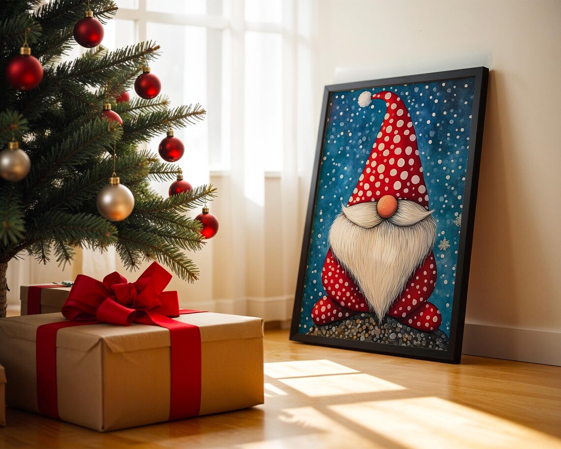Christmas Gnome Red Polka Dot Hat Snowy Winter Holiday Poster - Image 3