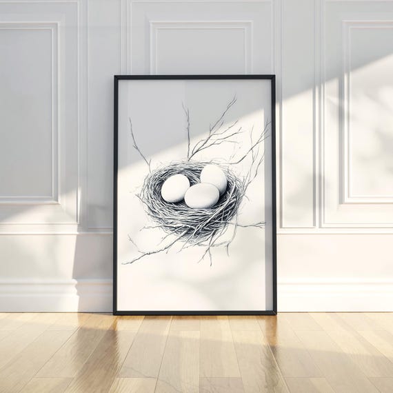 Realistic Nest And Eggs Drawing Sketch Wall Art Print Black White Nature Bird Wildlife Home Decor Living Room Bedroom Nursery
